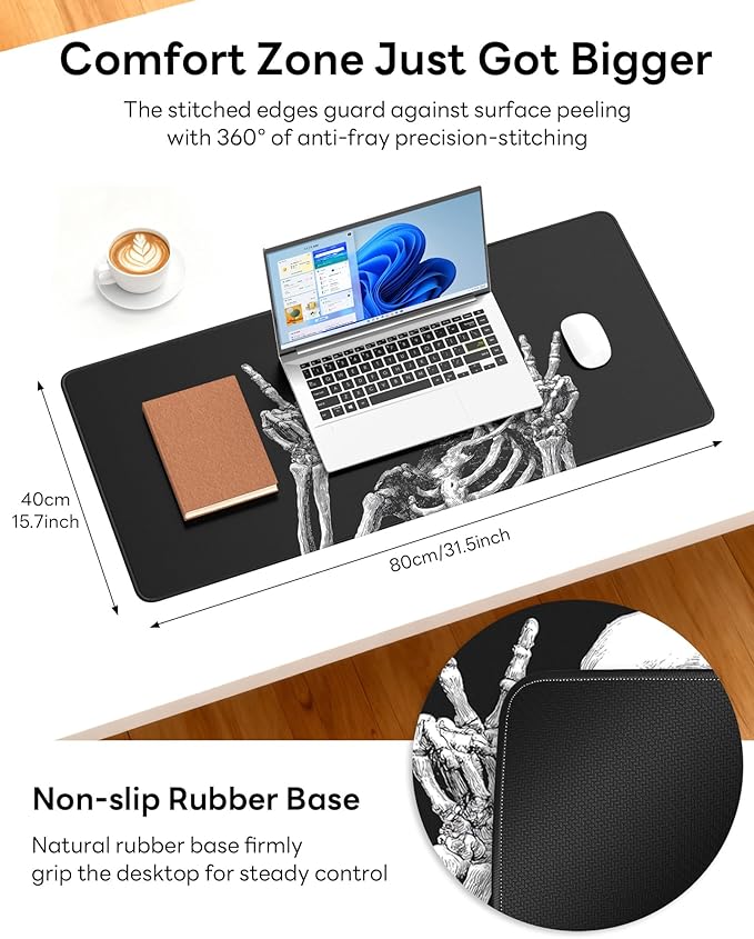 XL Gaming Mouse Pad, 31.5x15.7'' Large Desk Mat with Anti-Slip Rubber Base & Stitched Edges for Gaming, Office, Home - Fun Skull