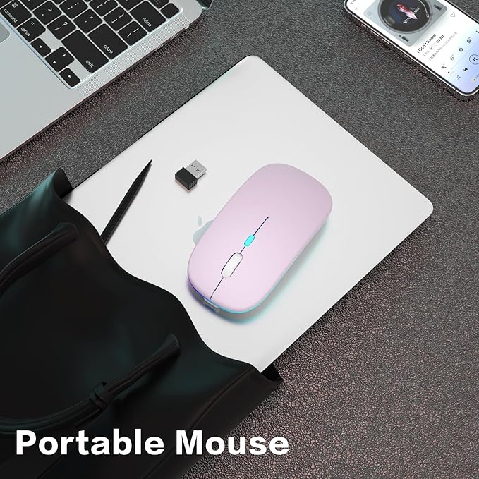 Wireless Bluetooth Mouse Rechargeable Laptop Mice with LED Use Portable(BT5.2 and USB 2.4G) Dual Mode Connection Silent Slim Computer Mouse for Laptop/iPad Tablet/Apple MacBook/PC (Pink)