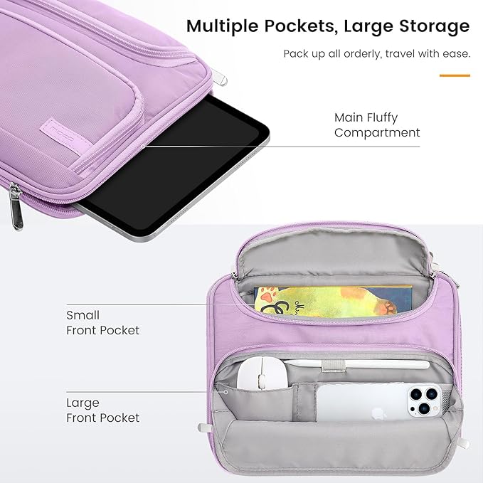 MoKo 9-11 Inch Tablet Sleeve Bag, Fits iPadAir 5/4th 10.9, iPadPro 11 Inch, iPad 9/8th 10.2, iPad 10th 10.9, Tab S8/S9 11",Waterproof Polyester Bag with Double Pockets,Retractable Handle, Purple