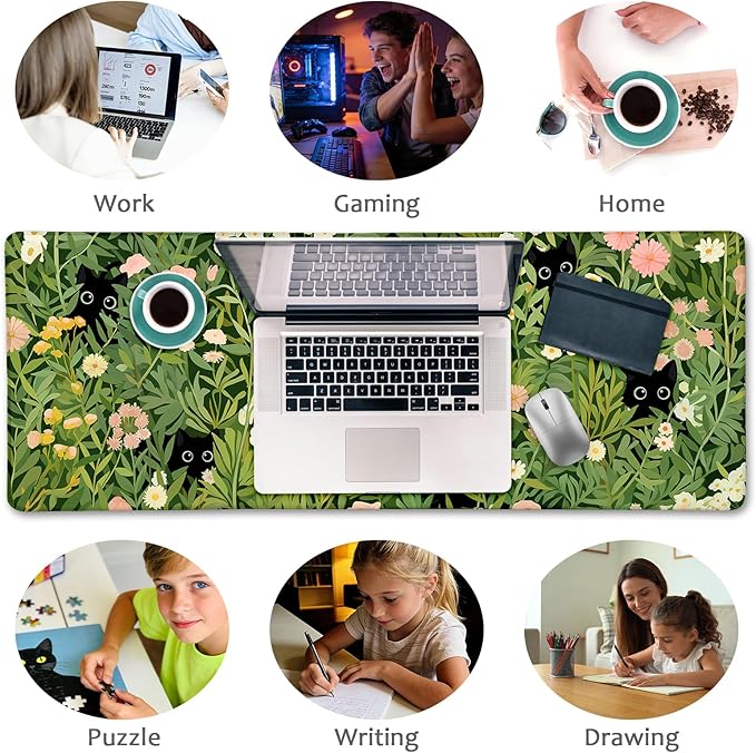 Anime Cat Mouse Pad Green Desk Mat, XL Gaming Mouse Pad with Stitched Edges Non-Slip, Large Keyboard Mat for Desktop Computer Laptop Work Home Cute Office Desk Accessories 31.5x11.8 in