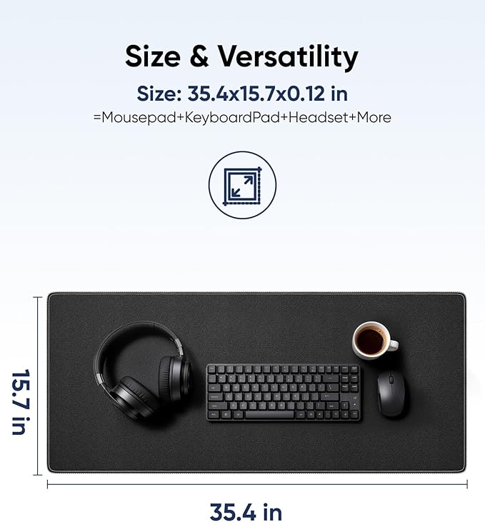 Large Gaming Mouse Pad with Durable Stitched Edges, Non-Slip Rubber Base, Black Mousepad Mouse Mat Desk Pad for Home Office Gaming, 35.4''x15.7''x0.12'', Black