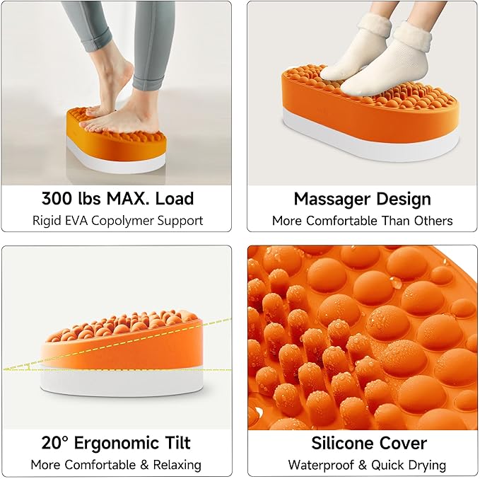 Foot Rest for Under Desk at Work, Home Office Foot Stool, Ottoman Foot Massager for Plantar Fasciitis Relief, Soft Silicone Footrests, Anti-Fatigue (Orange)