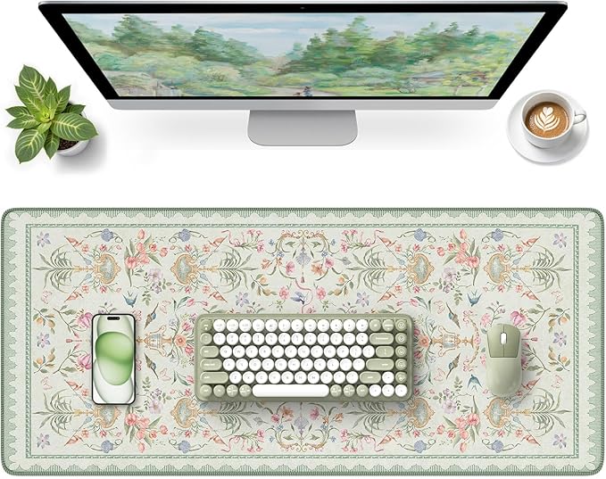HAOCOO Floral Mouse Pad, 35.4" x 15.7" Waterproof Makeup Mat, Cute Aesthetic Desk Decor Pad, Women Office Keyboard Matt with Stitched Edges, Green Desk Accessories Work for Home