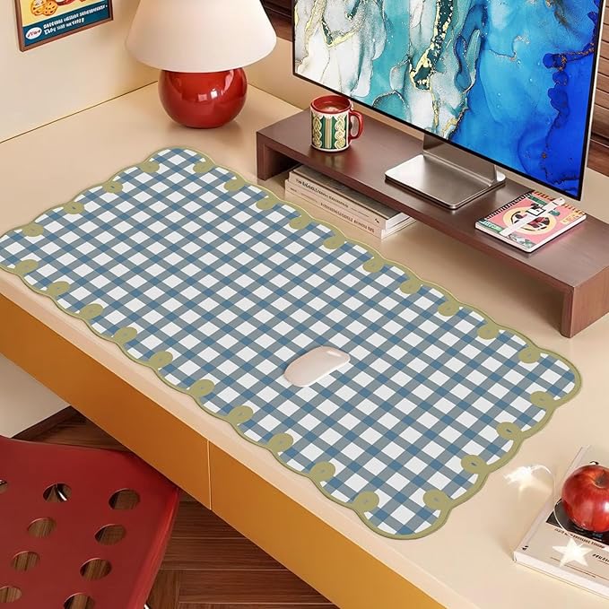 Cute Blue Green Scalloped Desk Mat Checkered Large Mouse Pad Kawaii Vintage Farmhouse-Inspired Cottagecore Office Desk Decor Stitched Nonslip Pad for Computer Keyboard & Mouse 31 * 15.7in