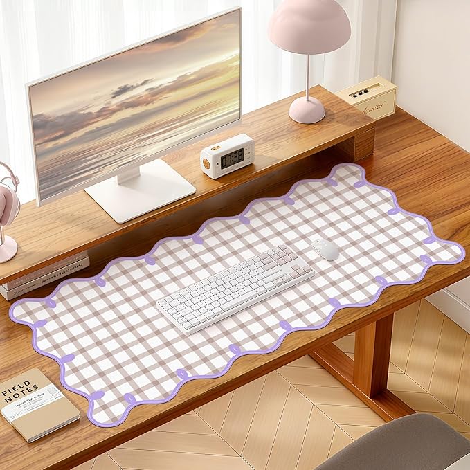 Leather Desk Pad, Desk Mat Mouse Pad, Non-Slip Mousepad Waterproof PU Table Blotter for Computer Laptop Extra Large Keyboard Mat for Women Girl Office Home Dorm, Purple Scalloped + Apricot Checkered
