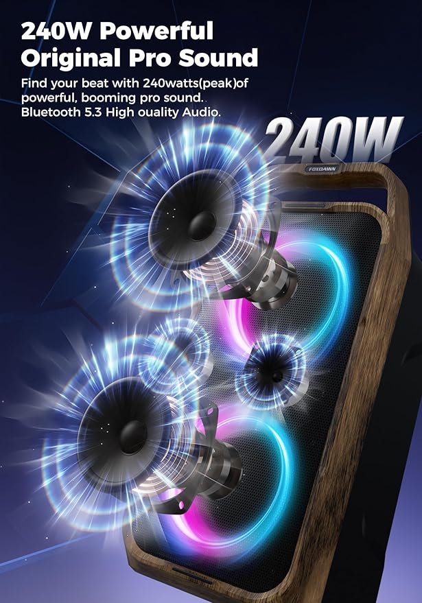 Portable Bluetooth Speaker: 240W Peak Powerful Loud Sound Deep Bass Wireless Boombox Large Subwoofer 15 Hours Battery Life Fast Charging with Led Light Show for Party Outdoor Camping Backyard
