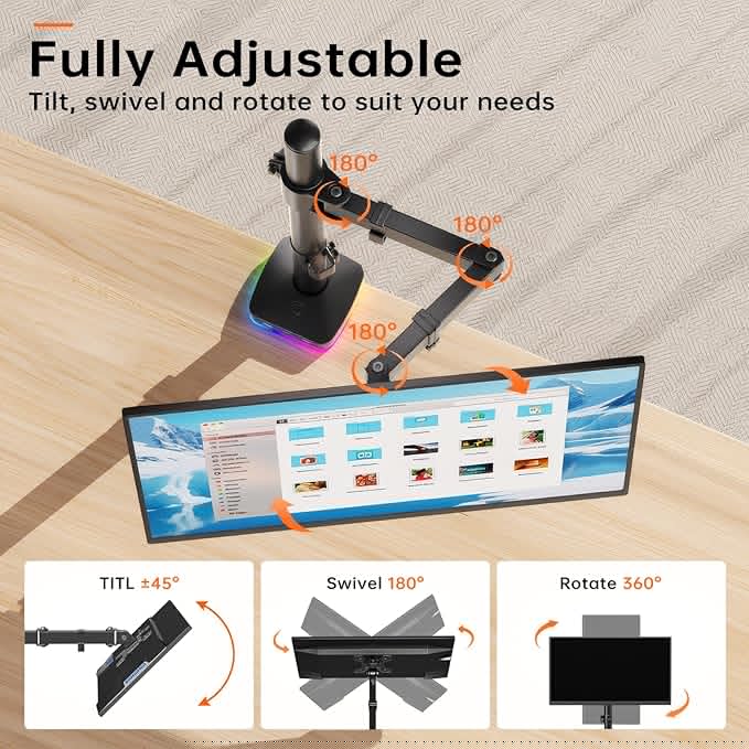 Afaloona RGB Single Monitor Stand, Monitor Arm with 3 USB Ports, Charging and USB Data Transfer Function, Adjustable Desk Mount for 13-27" Monitors up to 17.6lbs, VESA 75x75-100x100mm,Ergonomic Design