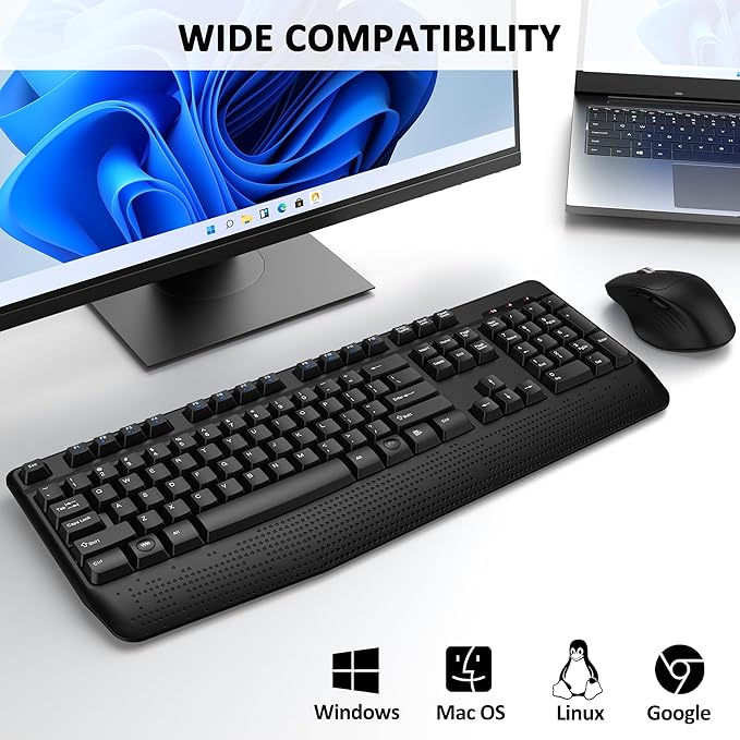 Wireless Keyboard and Mouse Combo, Full-Sized 2.4GHz Wireless Keyboard with Comfortable Palm Rest and Optical Mouse for Windows, Mac OS PC/Desktops/Computer/Laptops (Dark Gray)