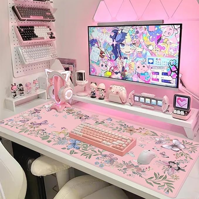 Baziabbo Pink Desk Mat,XXL Extended Big Mouse Pad,Cute Gaming Mousepad with Stitched Edge,Non-Slip Rubber Base Keyboard Desk Pad for Home Office Study Game
