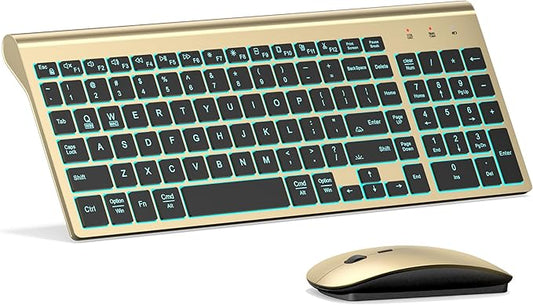 TopMate Wireless Keyboard and Mouse Ultra Slim Combo, 2.4G Silent Compact USB 2400DPI Mouse and Scissor Switch Backlit Keyboard Set, for PC/Laptop/Windows/Mac/Gaming - Gold Black