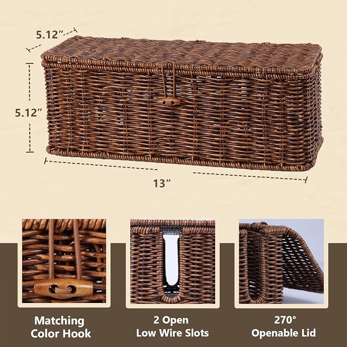 BROWNLILY Cable Management Box, Rattan Style Cord Organizer for Desk Cord Hider Outlet Covers Baby Proofing for Power Strip TV PC Router Charger Under Desk Storage with Lockable Lid and Cable Ties - Image 2