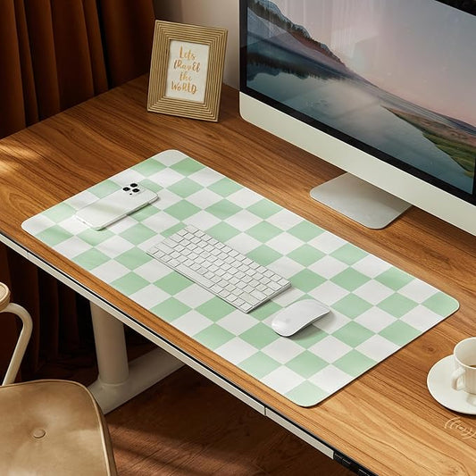 Checkered Desk Mat, Large Cute Aesthetic Retro PU Leather Computer Laptop Desk Mat, Non-Slip Waterproof Mouse Keyboard Pad, Desk Writing Mat for Work/Home (Green, 23.6" x 13.7")