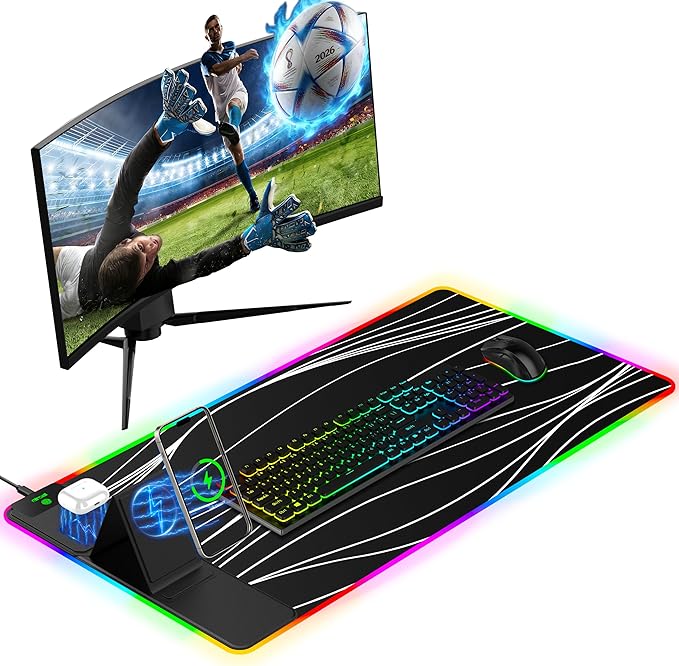 Mouse Pad with Adjustable Phone Stand Dual Wireless Charger, 15W Fast Charging Desk Mat, Extra Large 31.5x15.75 Waterproof Desk Pad for iPhone Samsung Air-Pods, Gaming Mousepad w/ 11&4 RGB