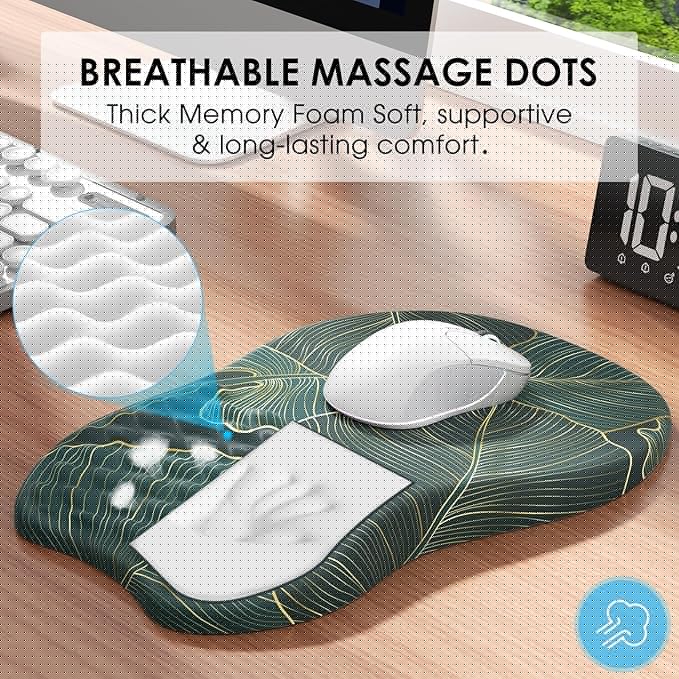 MROCO Ergonomic Mouse Pad with Wrist Support, Wrist Rest Mousepads for Carpal Tunnel Pain Relief, Memory Foam Pad with Massage Bulge and Non-Slip Base for Office, Home, Green Leaves