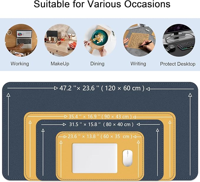 Bleswin Multifunctional Large Desk Mat, Double Sided Computer Desk pad, Extended Mouse Mat, Office Desk Protector with Waterproof PU Leather, 35.4''×16.9'', Office Home Writing Pad (Dark Blue+Yellow)