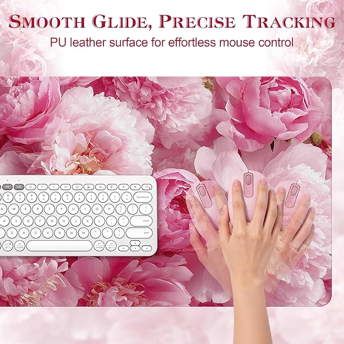 Desk Mat Desk Pad for Keyboard and Mouse, 31.5 x 15.7 in, Pink Peony Floral PU Leather Computer Protector, Non-Slip Base, Waterproof, Easy Clean for Office Gaming, Mouse Pad