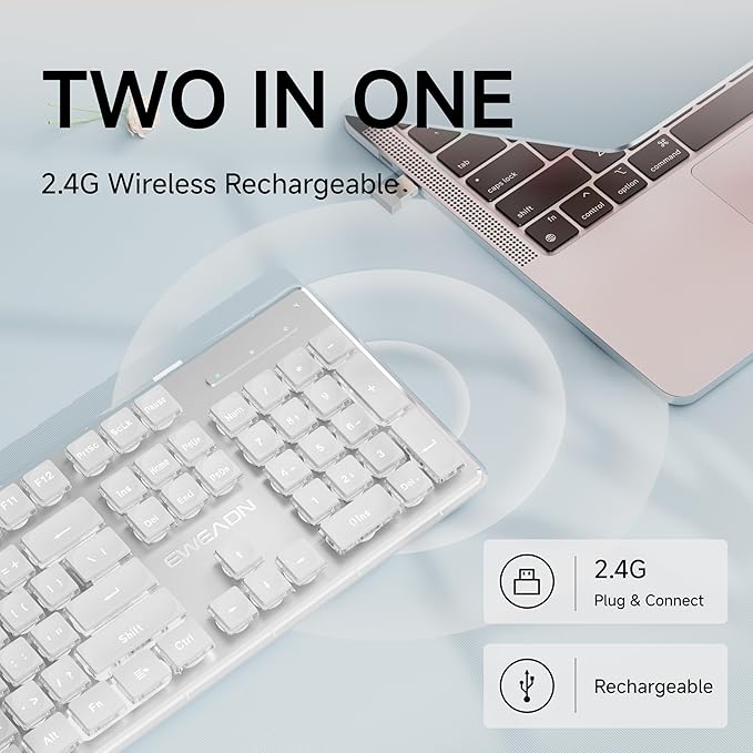 EWEADN X7S Wireless Keyboard with White Backlit, Metal Panel, 2.4G Rechargeable Computer Keyboard Silent Light up Full Size Cute Keyboards for Win & MAC - White