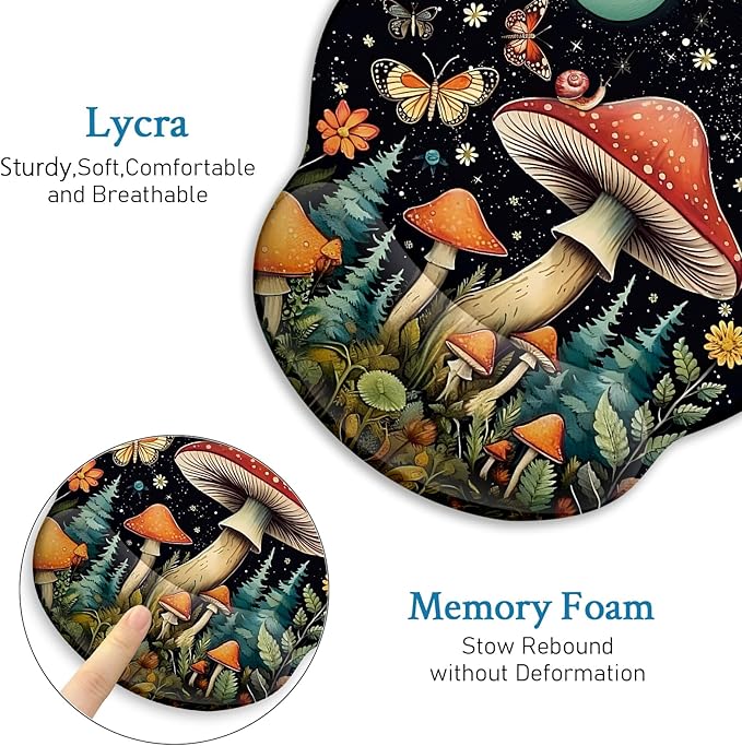 Blusabaca Ergonomic Mouse Pad with Wrist Rest, Mushroom Butterfly Mouse Pads Wrist Support for Desk, Gaming Mousepad for Wireless Mouse Laptop Computer Work Home Desk Accessories Office Supplies Decor
