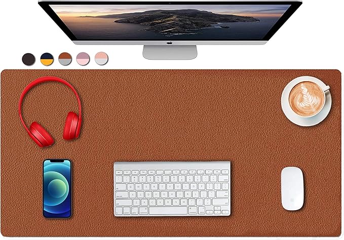 Dual Sided PU Leather Desk Pad, Mouse Pad, Office Desk Mat, Non-Slip Laptop Desk Pad, Waterproof Desk Writing Pad for Office and Home (31.5" x 15.7", Brown+Silver)