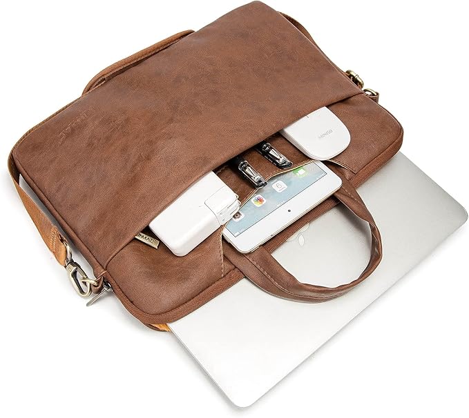 Kinmac Coffee Pu 360° Protective Water-Resistant Canvas Laptop shoulder Messenger Sleeve Briefcase case Bag For MacBook Pro 16 inch,LG Gram 16 inch and 15 inch-15.6 inch Laptop