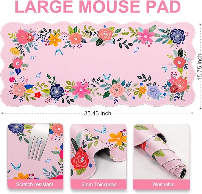 L-SPOUTTO Pink Mouse Pad,Floral Desk Mat XXL Large Scalloped Gaming Mousepad,35.4x15.7in Non-Slip Rubber Base Keyboard Pad Waterproof Girly Desktop Mat for Laptop Computer Game Home Office-Pink Floral
