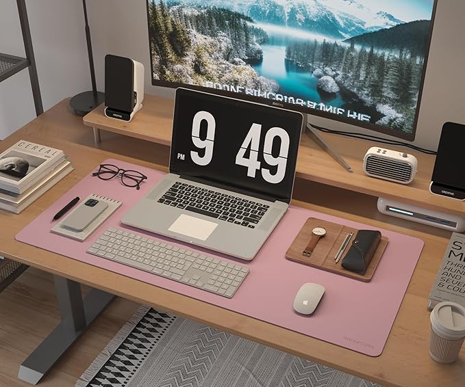 RENMTURE Dual-Sided Large Desk Pad, Faux Leather Natural Cork Mouse pad, Desk Accessories Protector, for Office and Home Work (Dusky Pink, 36"x17")