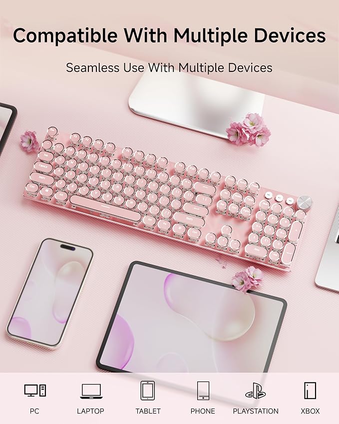 EWEADN V20 Typewriter Keyboard Wireless,104 Keys Typewriter Style Mechanical with White Backlit, Media Knob, White Switch 2.4G/Bluetooth/USB-C Retro Full Size Keyboard for Windows/Mac/PC-Dark Pink