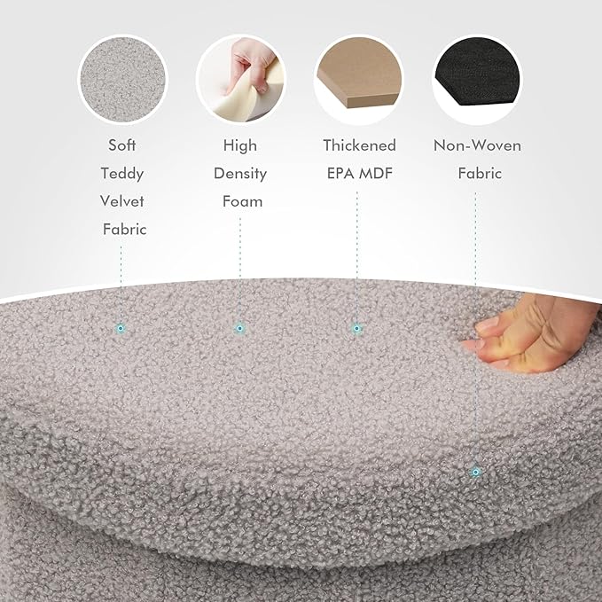 B FSOBEIIALEO Storage Ottoman Cube, Round Ottomans with Storage Foot Stool Footrest for Lving Room, Boucle Ottoman Seat for Dorm Room,Faux Teddy Fur, Grey 15"x15"x13.19"