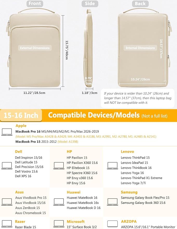 HYZUO 15-16 Inch Laptop Bag Sleeve for MacBook Pro 16 M5 M4 M3 M2 M1 Pro/Max A3428 A3429 2026-2019, 15" Surface Book, Notebook Case for 15" 15.6" Dell HP Lenovo Asus Acer Samsung, Sand