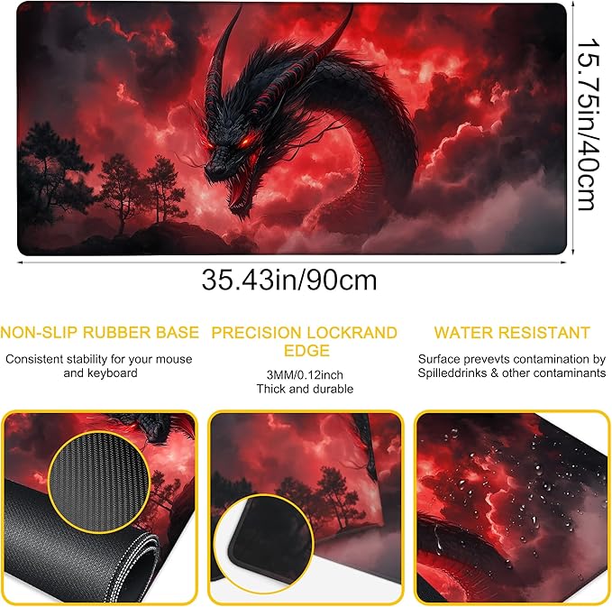 Desk Mat Red Black Dragon Desk Pad for Keyboard and Mouse, Large Big Gaming Mouse Pad with Stitched Edges for Work Game, 35.43 x 15.75 in