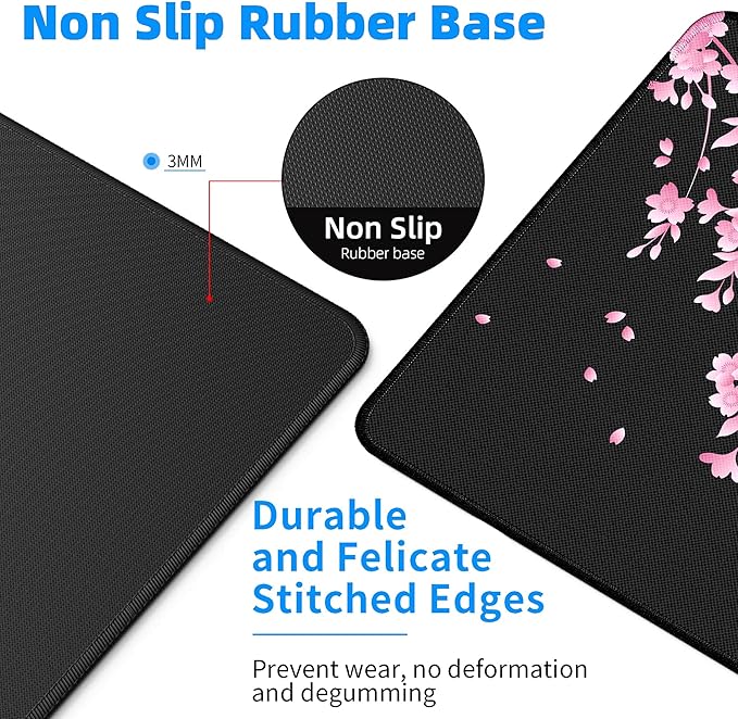 Japanese Cherry Blossom Gaming Mouse Pad XL, Black Desk Mat Large Mouse Pad Long 31.5x11.8in, Extended Big Desk Pad Pink Flower Mousepad with Non-Slip Base and Stitched Edges for Work Gaming Office