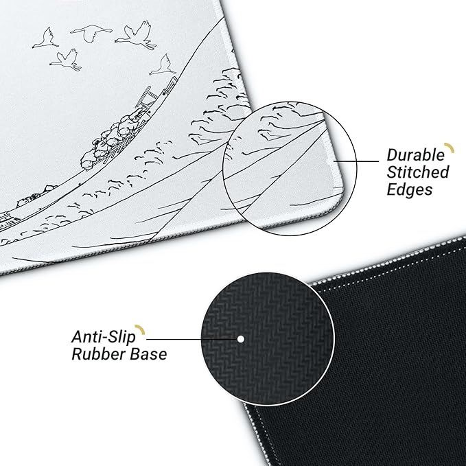 Gaming Mouse Pad, Large 31.5 x 11.8 inches Mousepad, Long Keyboard Pad, Cute Mouse Mat for Computer with Stitched Edges and Non-Slip Base (Japanese Grey White Wave)