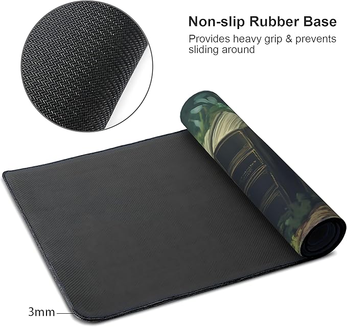 Floral Aesthetic Book Gaming Mouse Pad, Forest Green Moody Forest Desk Mat with Anti-Slip Base & Stitched Edges, Computer Keyboard & Laptop Pad, 35.4" x 15.7" in in Workstation Accessories