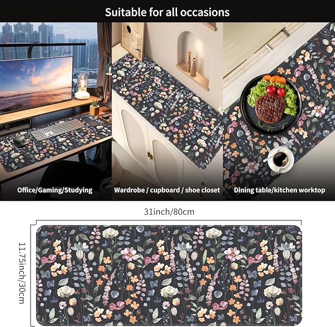 Desk Mat,Big Desk Pad,31.5 x 11.5in Extended Gaming Mouse Pad,Large Mouse Pad for Desk Rubber Base Mousepad with Stitched Edges,Keyboard Mouse Mat for Work Game Office Home - Cute Watercolor Flower