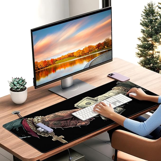 Extended Gaming Mousepad with Cross and Dollar Bill Designs, 35.4 x 15.7 inches, Featuring a Non-Slip Base and Waterproof Surface, Suitable for Home Office and Work environments.