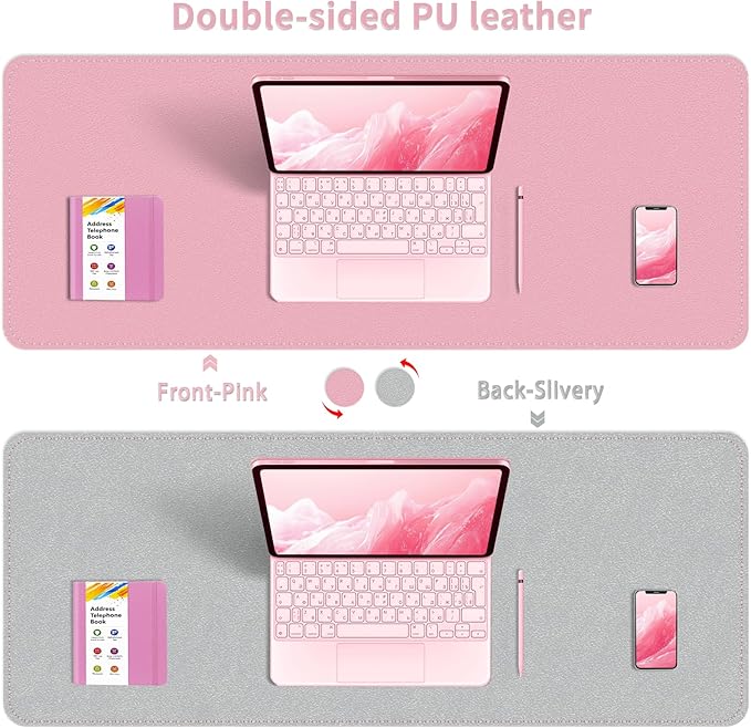 Dual-Sided Desk Mat, Large Desk Pad, Waterproof Smooth PU Leather Desk Blotter Protector Mouse Pad, Desk Organizers, Office/Home Table Decor for Reading and Writing (Pink+Slivery, 47.2''×23.6'')