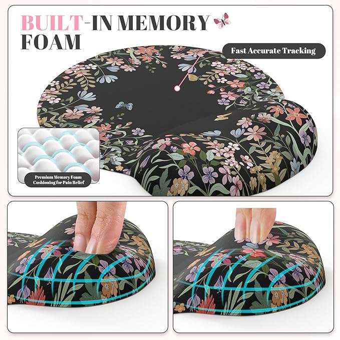 iCasso Desk Mat Set,Large Mouse Pad with Wrist Rest,Ergonomic Keyboard Wrist Support for Women,Girly Floral Computer Mat with Scalloped Edges,Non-Slip Desk Pad Home Office Gaming (Black)
