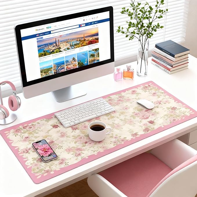 Aesthetic Floral Desk Pad for Women, Pink XXL Large Mouse Pad with Stitched Edges, Non-Slip Office & Home Desk Mat for Computer, Keyboard, Cute Office Decor & Supplies