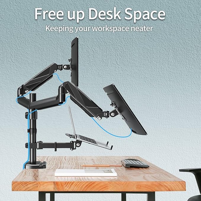 MOUNTUP Dual Monitor and Laptop Mount, Adjustable Monitor Stand for 2 Max 27" Computer Screens, Laptop Tray Fits 10-17inch Notebook, Holds 4.4-17.6lbs Per Arm, 3-in-1 Adjustable Monitor Desk Mount