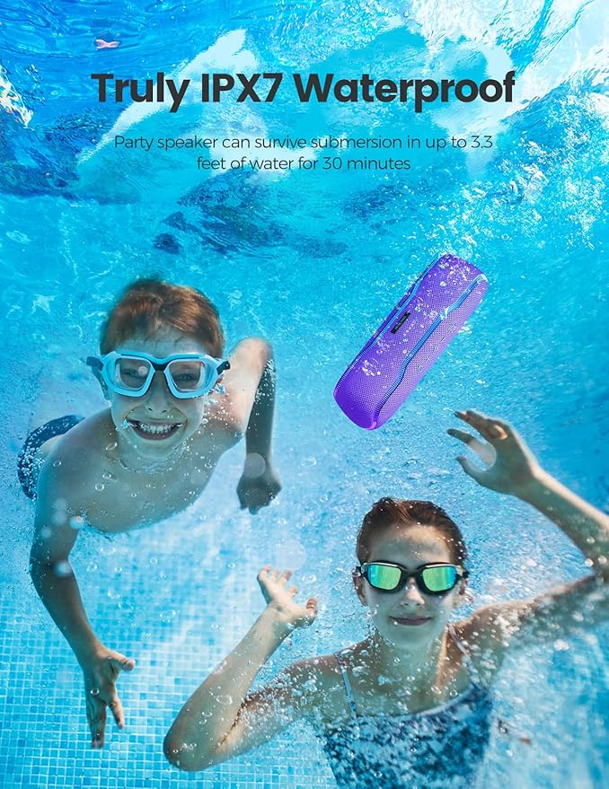 ERKEI SEHN Bluetooth Speaker, IPX7 Waterproof Wireless Speakers, Flashing Light, 25W Super Bass, 24H Playtime, Birthday Valentines Gifts for Him/Men, TWS Pairing, Beach Vacation Essentials, Purple