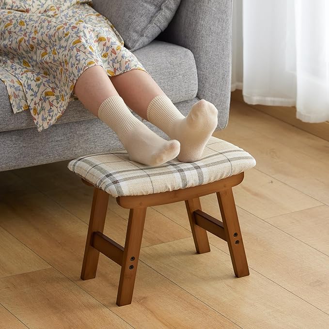 Foot Stool Ottoman Foot Rest Under Desk,Small Stool for Living Room, Bedroom and Kitchen (Brown Legs - Stripes Stool Surface)