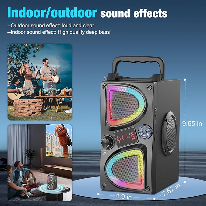 Bluetooth Speaker, 60W(Peak) Wireless Portable Bluetooth Speakers, Beat-Driven Lights, Loud Stereo Small Party Speaker with Double Woofer, Speakers with Two Microphone for Outdoor, Garage, Camping