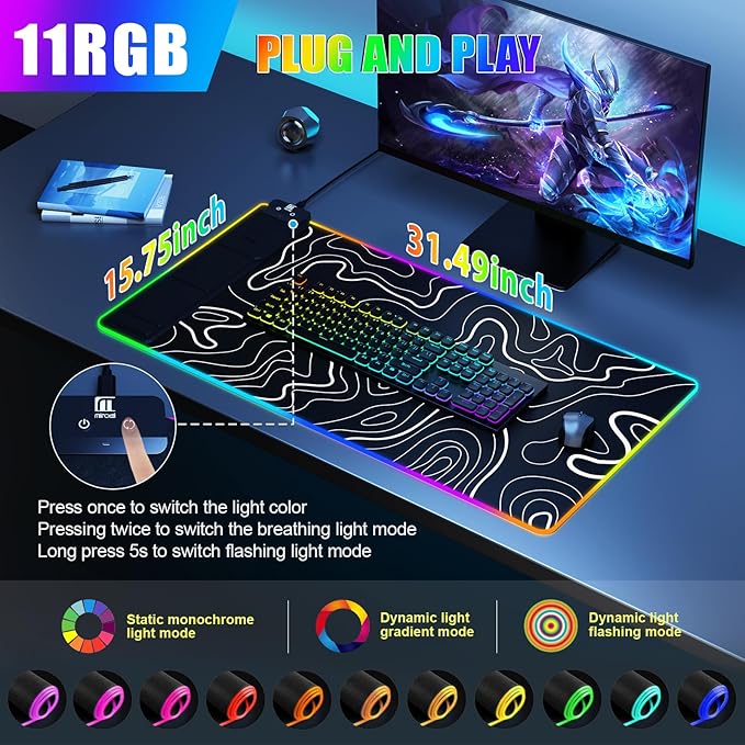 Mouse Pad with Foldable Phone Holder, Wireless Charging Desk Mat, RGB Gaming Mousepad Large Desk Pad with Non-Slip Base, Waterproof Keyboard Pad, Classic Black (XXL Stand Topographic)