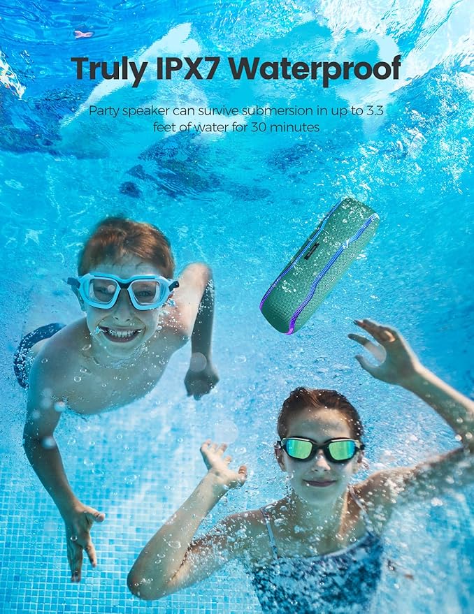 ERKEISEHN Bluetooth Speaker, IPX7 Waterproof Wireless Speakers, Flashing Light, 25W Super Bass, 24H Playtime, Birthday Valentines Gifts for Him/Men, TWS Pairing, Beach Vacation Essentials, Grass Green