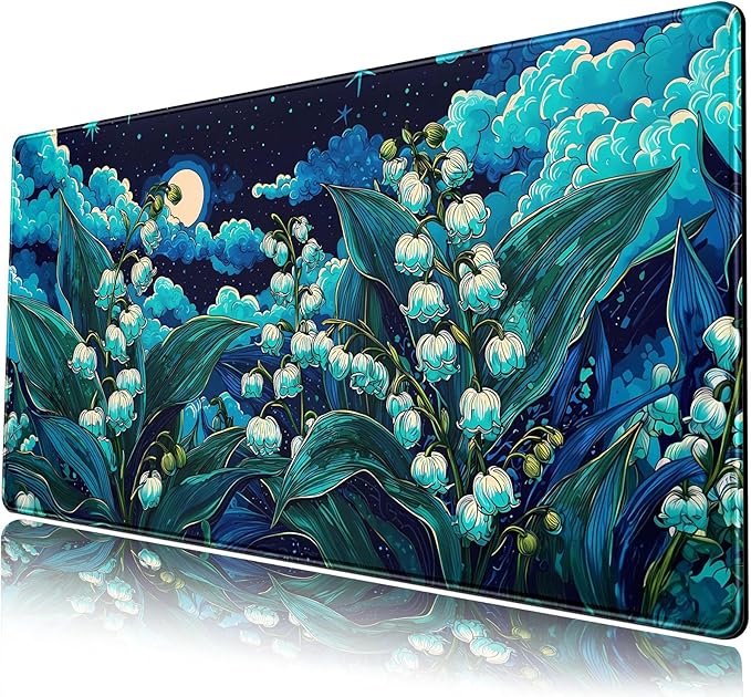Desk Mat Floral Blue Green Large Mouse Pad 31.5''X15.7'' Lofi Aesthetic Desk Pad Lily of The Valley Extended Gaming Mousepad XXL Keyboard Mouse Mat Pretty Office Decor
