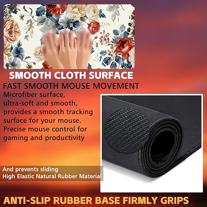 Large Gaming Mouse Pad for Desk,Vintage Botanical Flower Bunch Desk Mat,Beautiful Flowers Desk Pad,31.5"x15.7" Extended Big Computer Keyboard Mouse Pad with Non-Slip Base and Stitched Edge