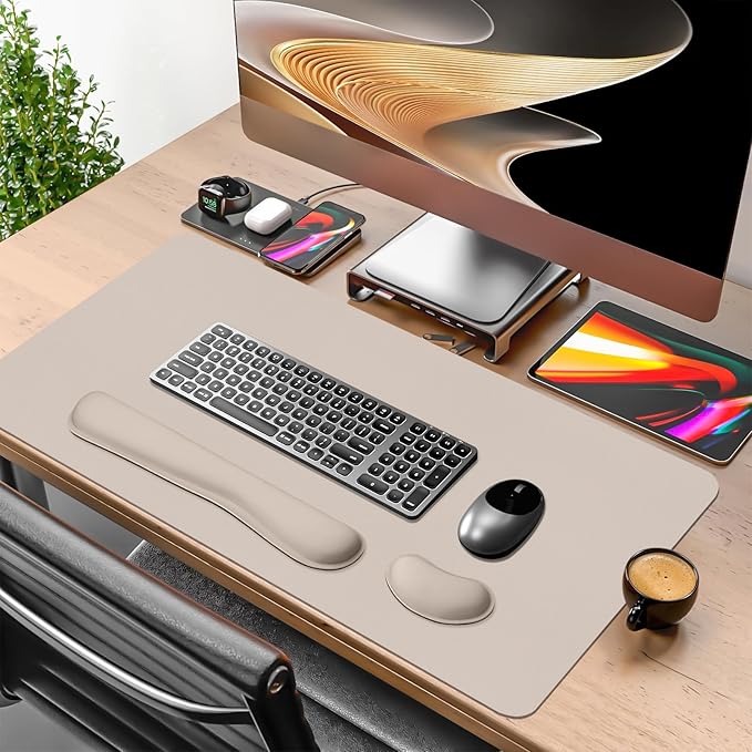 Mouse Pad and Keyboard Wrist Rest, Large Keyboard and Mouse Pad Set, Ergonomic Mousepad with Wrist Rest, Non-Slip Desk Mat Protector for Office, Home (35.4×15.7 Inches, Cream Pink)