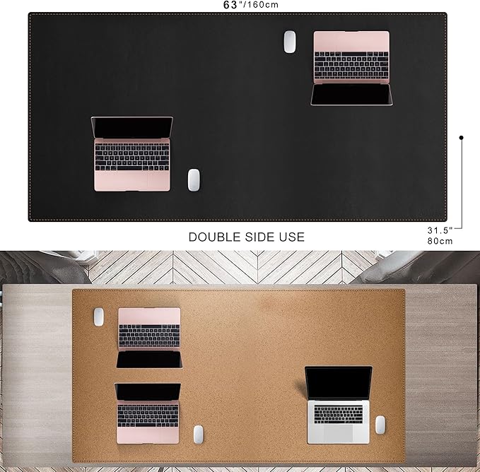 MAIDERN 63”x 31.5” Leather Desk Mat XXL, Large Desk Pad, Reversible Cork & Leather Large Mouse pad for Desk, Waterproof Computer Desk Mat for Gaming Home Office (Black) …