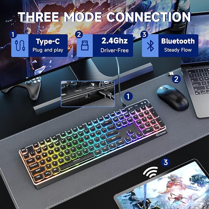 M104 Wireless Gaming Keyboard with Metal Panel Wired/Bluetooth Mechanical Feel Membrane Full Size Keyboard with Numeric Keypad RGB 4000MAH Rechargeable Quiet for PC Gamer-Black
