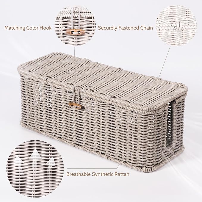 BROWNLILY Cable Management Box, Rattan Style Cord Organizer for Desk Cord Hider Outlet Covers Baby Proofing for Power Strip TV PC Router Charger Under Desk Storage with Lockable Lid and Cable Ties - Image 2